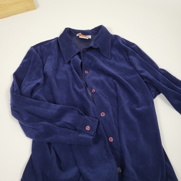 Vintage Button Down Shirt Top Cover-up Cardigan Duster Flannel Fleece Navy - Picture 12 of 12